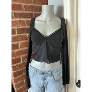 Black Mesh Sheer Crop Top, Large, Edgy Alternative Long Sleeve Grunge Low Neck